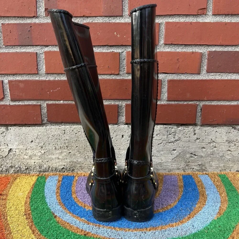 Michael Kors Fulton Harness Tall Rain Boots Womens Size 6 Black Gold Logo Gloss - Picture 7 of 11